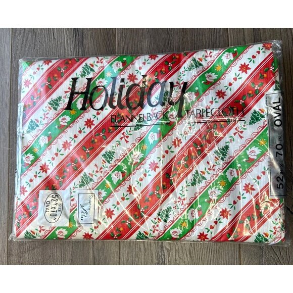 Elrene Mfg Co Other - Vintage Holiday Flannel Back Tablecloth Oval 52x70 Christmas Holly Trees Striped
